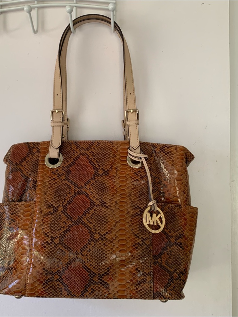 Michael Kors tote in brown and tan snake-embossed leather handbag